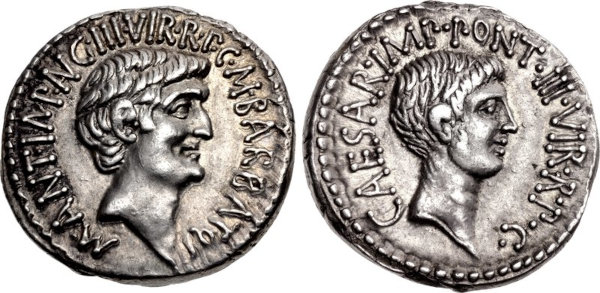 Denarius of Mark Antony and Octavian, struck at Ephesus in 41 BC. Byzantium565 - Own work